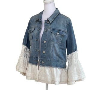 NWT Crown & Ivy Blue Denim Classic Jean Jacket White Sz M Eyelet Lace Trim